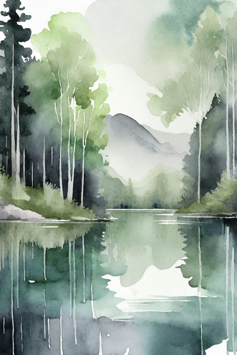 Jezero mezi světlými kmeny — celý design