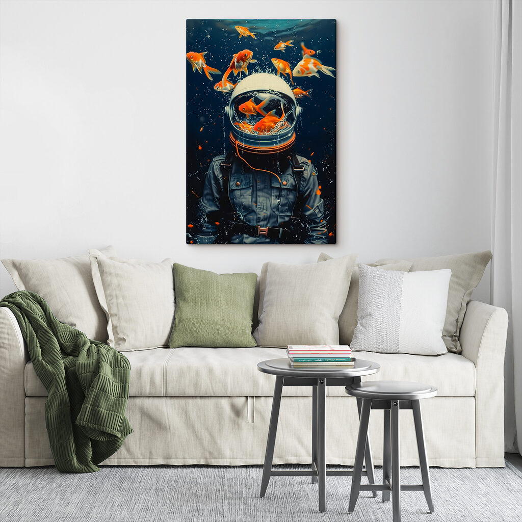 Astronaut s rybkami v interiéru