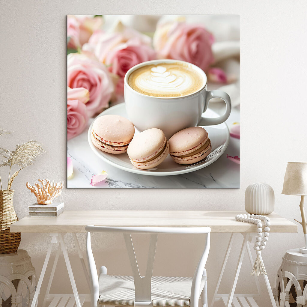 Cappuccino a makronky v interiéru