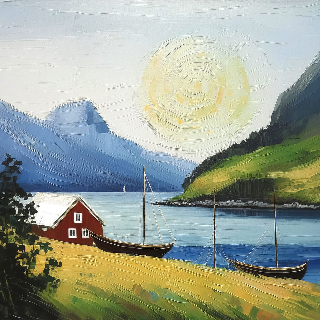 Červený domek u fjordu — celý design
