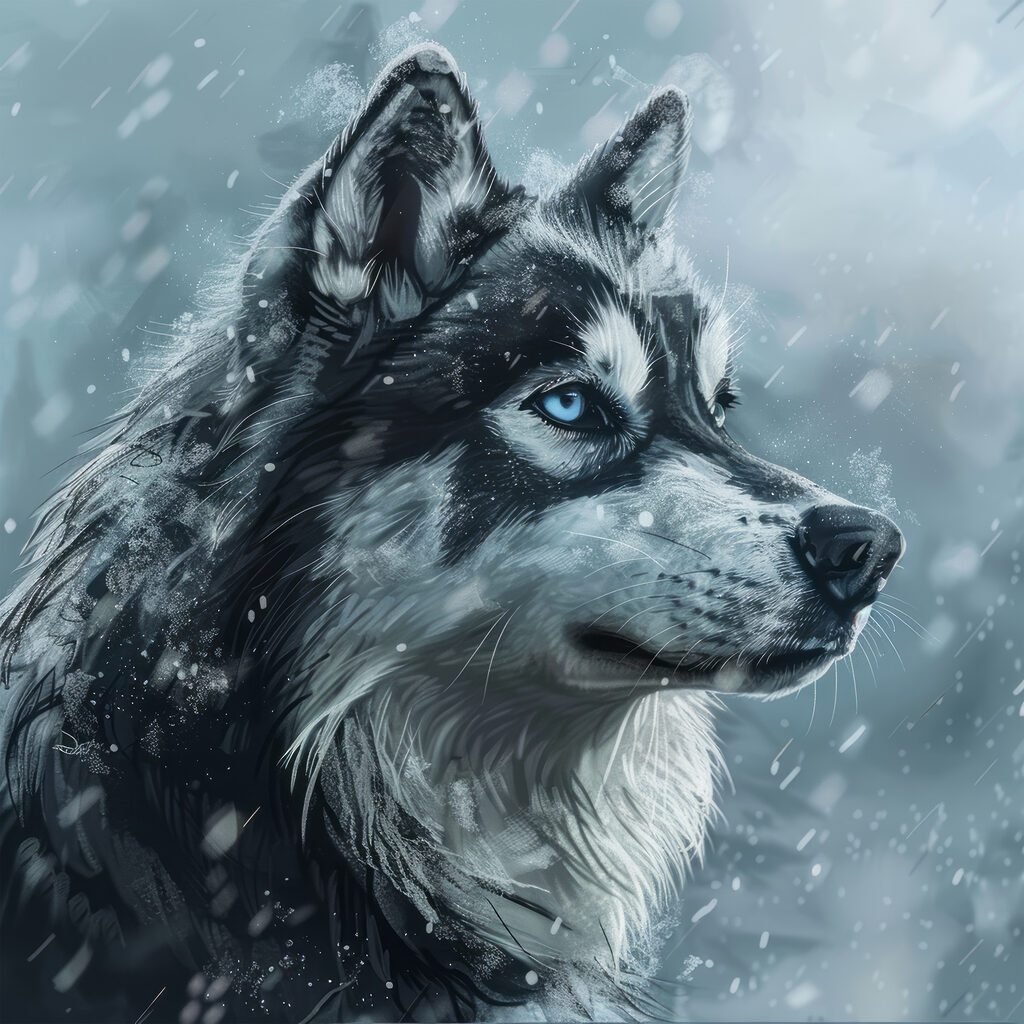 Husky na sněhu — celý design