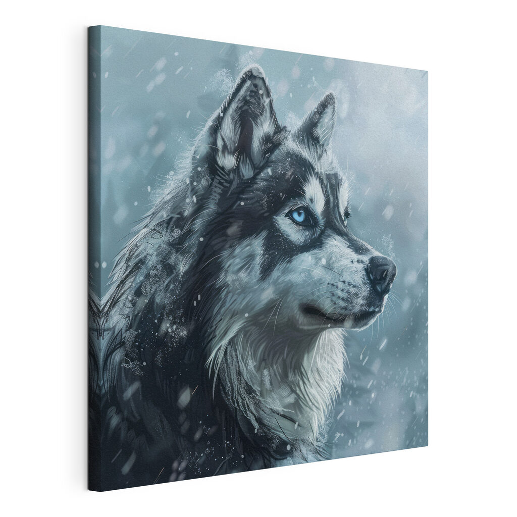 Husky na sněhu, obraz na napnutém plátně s přehnutými okraji