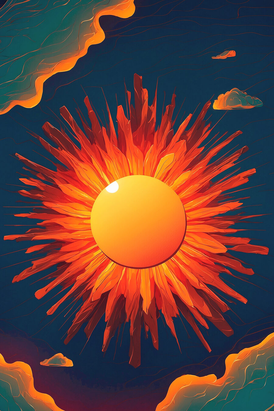 Slunce s ohnivými paprsky — celý design