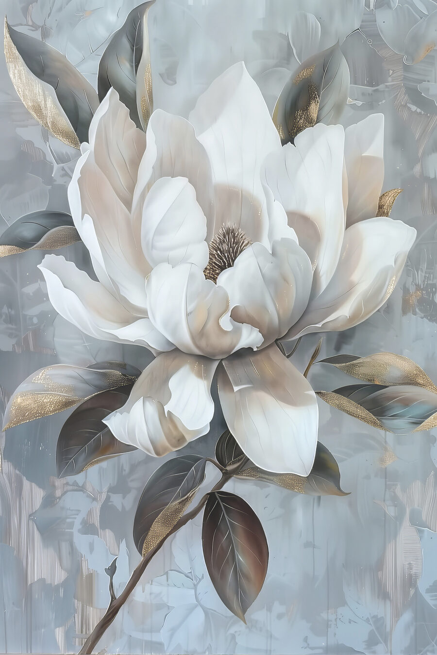 Bílá magnolie nad šedomodrou — celý design