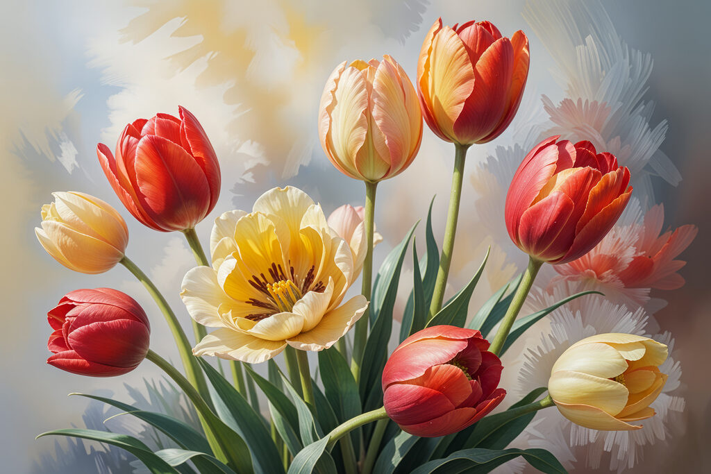 Tulipány v jarních barvách — celý design