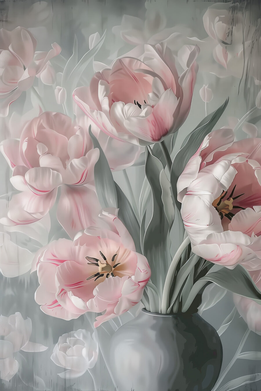 Růžové tulipány ve váze — celý design