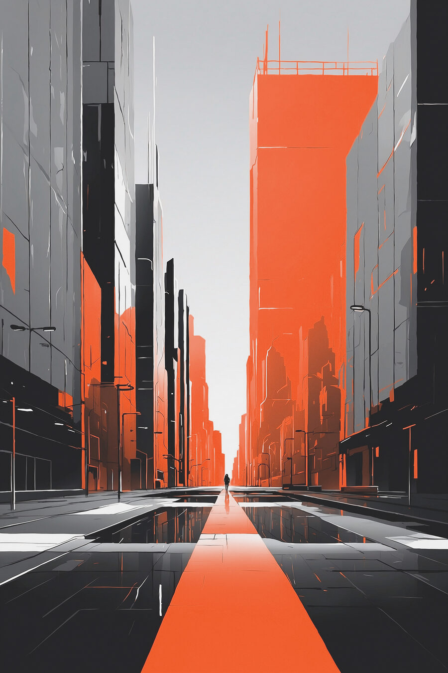 Oranžová ulice mezi domy — celý design