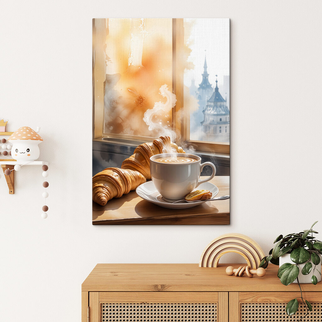 Ranní káva s croissantem v interiéru