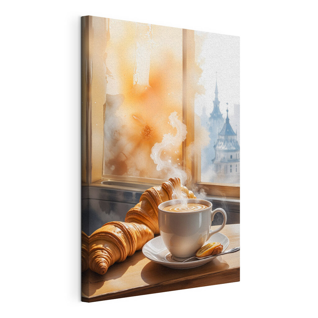 Ranní káva s croissantem, obraz na napnutém plátně s přehnutými okraji