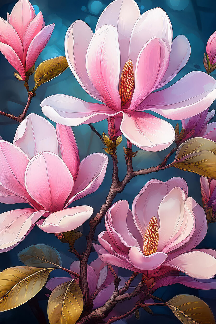 Růžová magnolie na modři — celý design