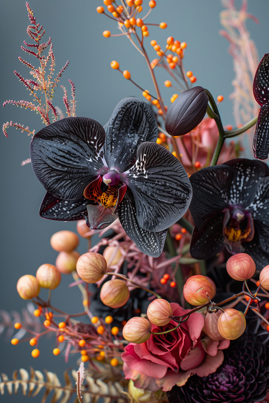 Černé orchideje mezi bobulemi — celý design