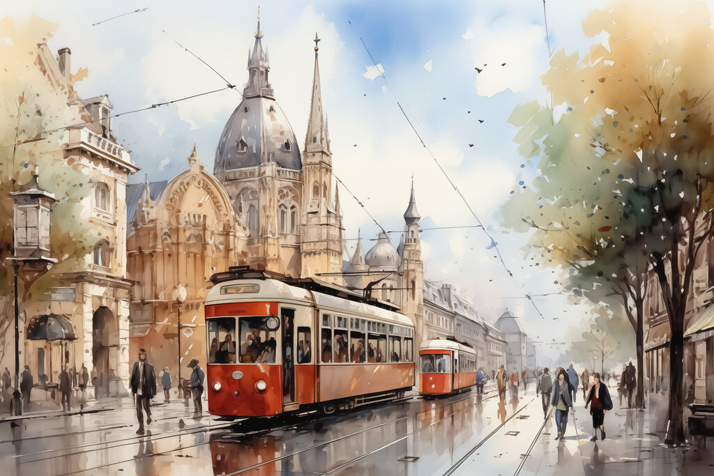 Červené tramvaje v dešti — celý design