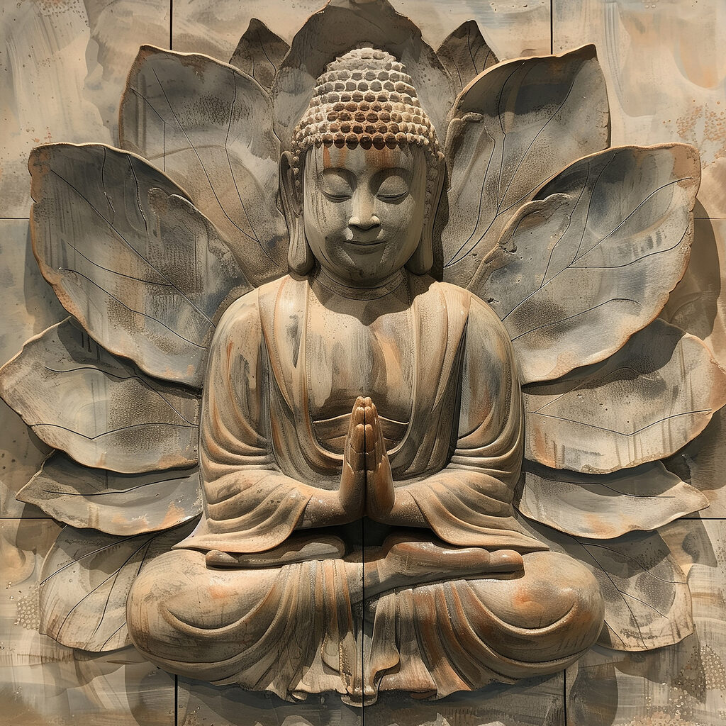 Buddha před lotosovými listy — celý design