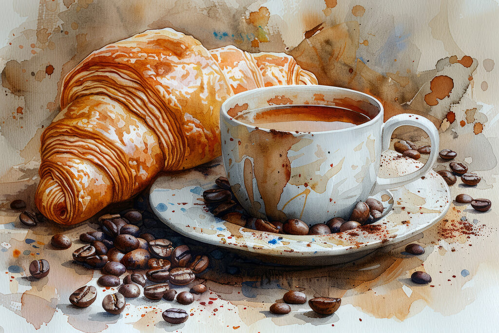 Croissant vedle kávy — celý design