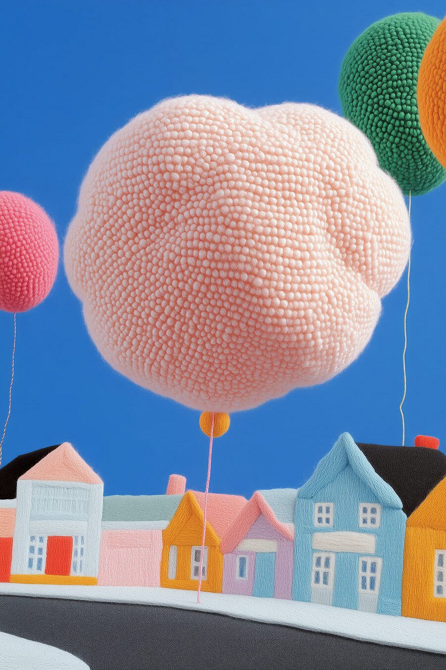 Růžový balon nad domy — celý design