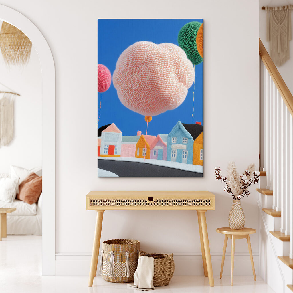 Růžový balon nad domy — interiér 2