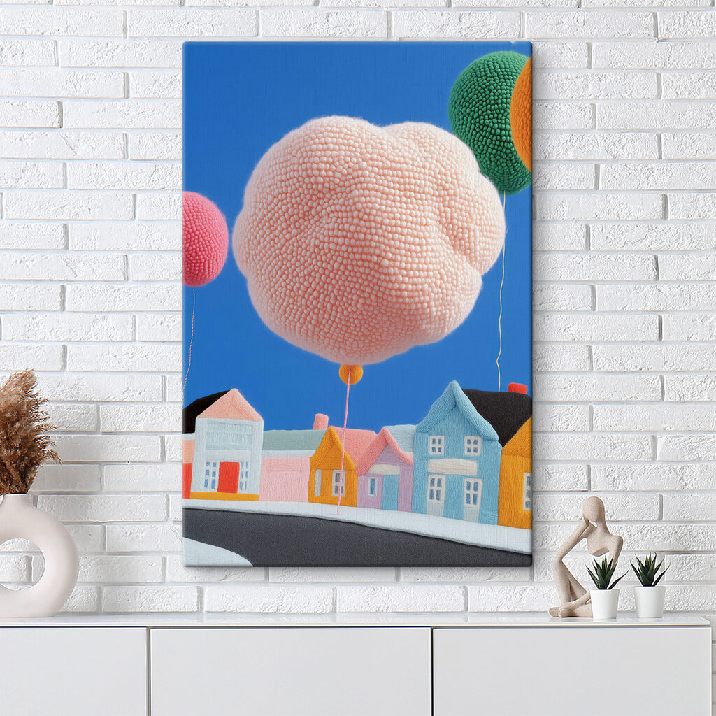 Růžový balon nad domy — interiér 1