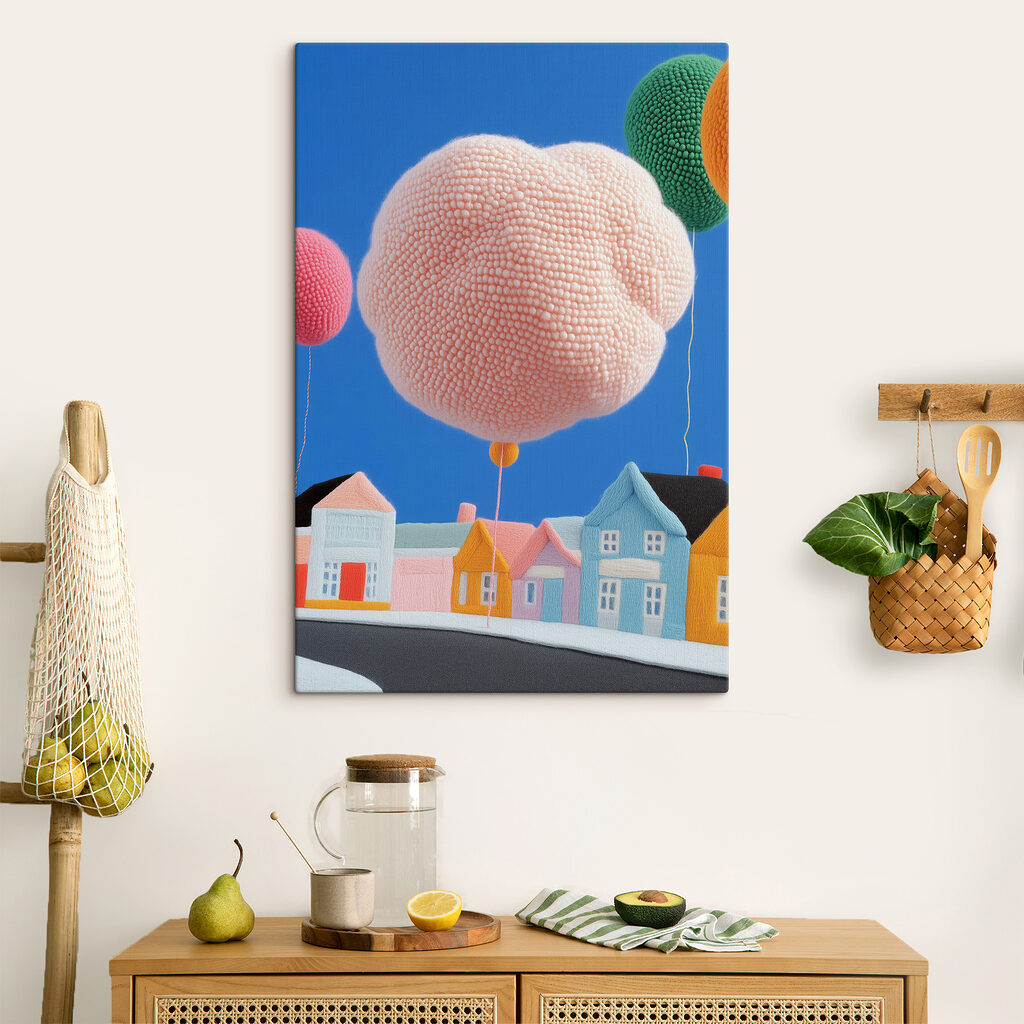 Růžový balon nad domy — interiér 3