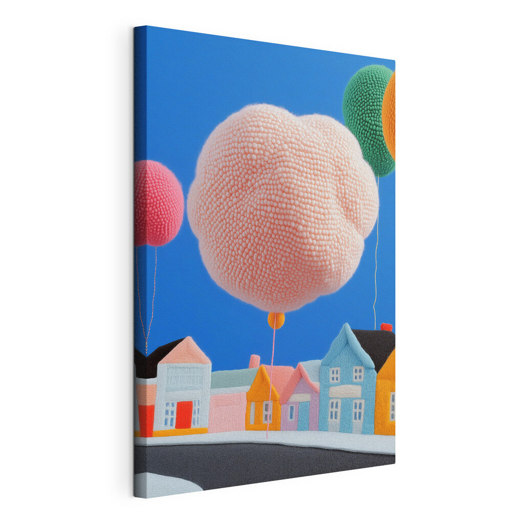 Růžový balon nad domy — zobrazení produktu