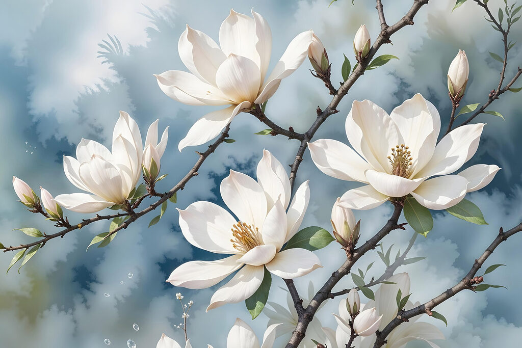 Bílá magnolie, šedomodré pozadí — celý design