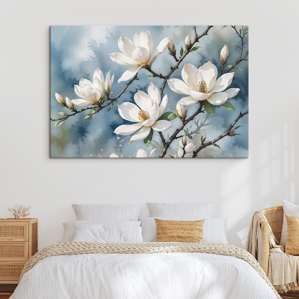 Bílá magnolie, šedomodré pozadí — interiér 1