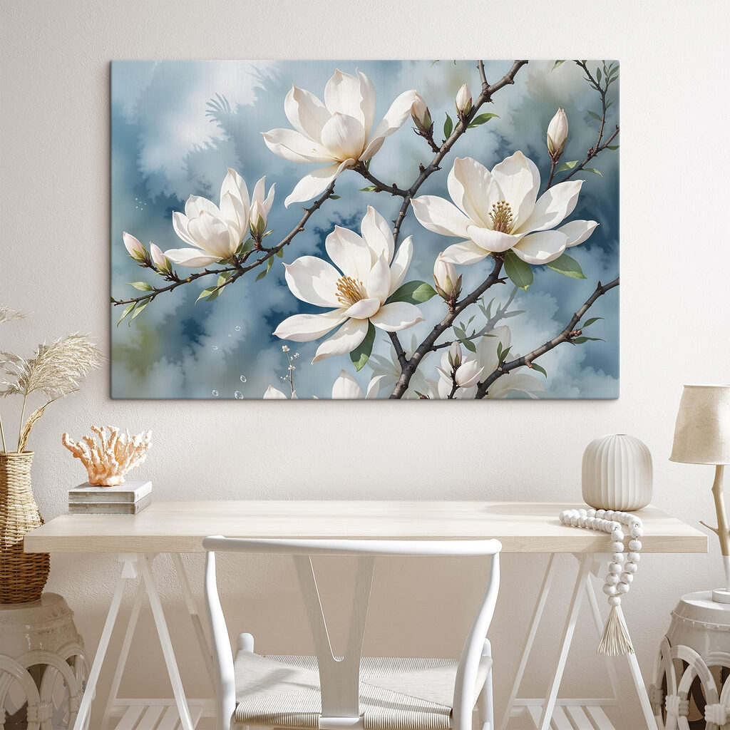Bílá magnolie, šedomodré pozadí — interiér 2