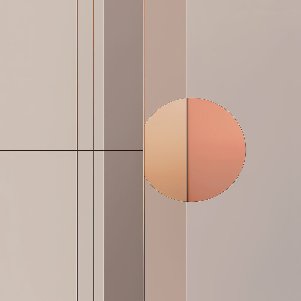 Broskvový kruh mezi čarami — celý design