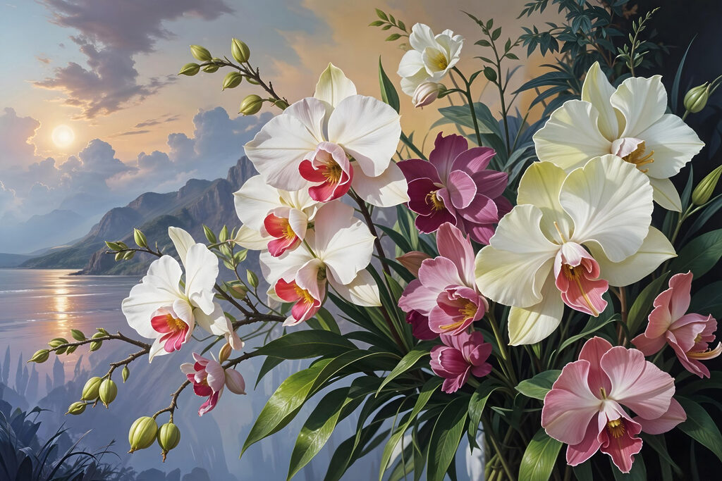 Orchideje u večerního jezera — celý design