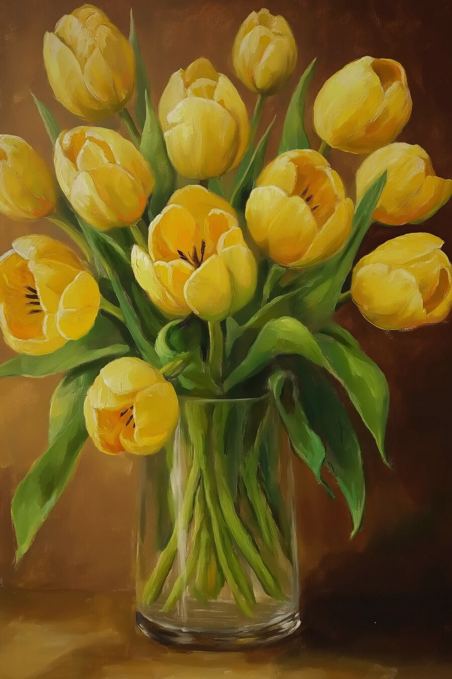 Žluté tulipány na hnědé — celý design