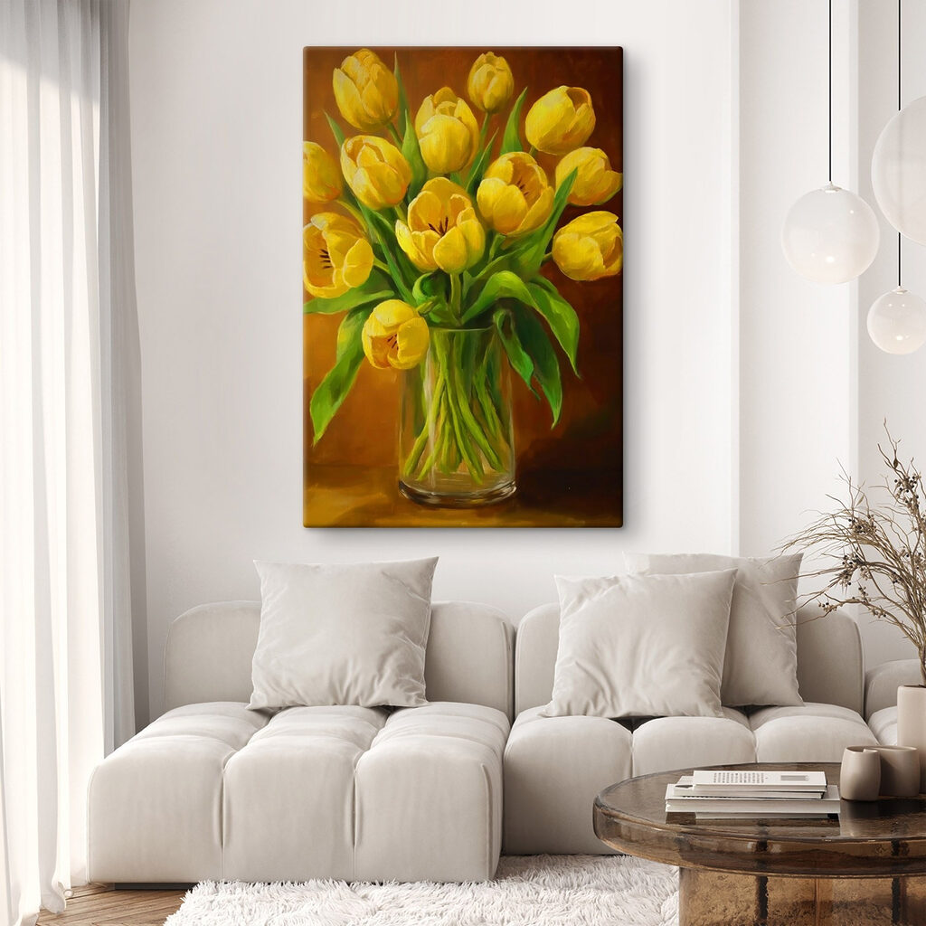 Žluté tulipány na hnědé — interiér 2