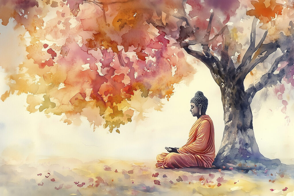 Buddha pod podzimním listím — celý design