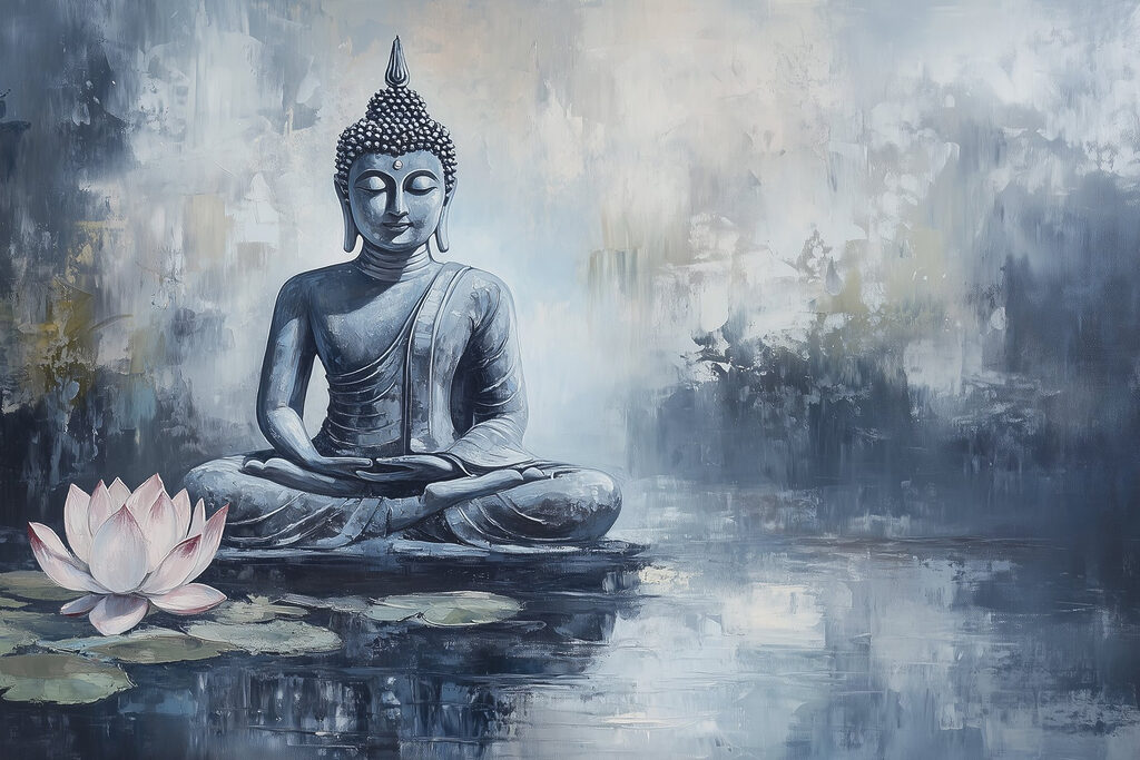 Buddha v modré mlze — celý design