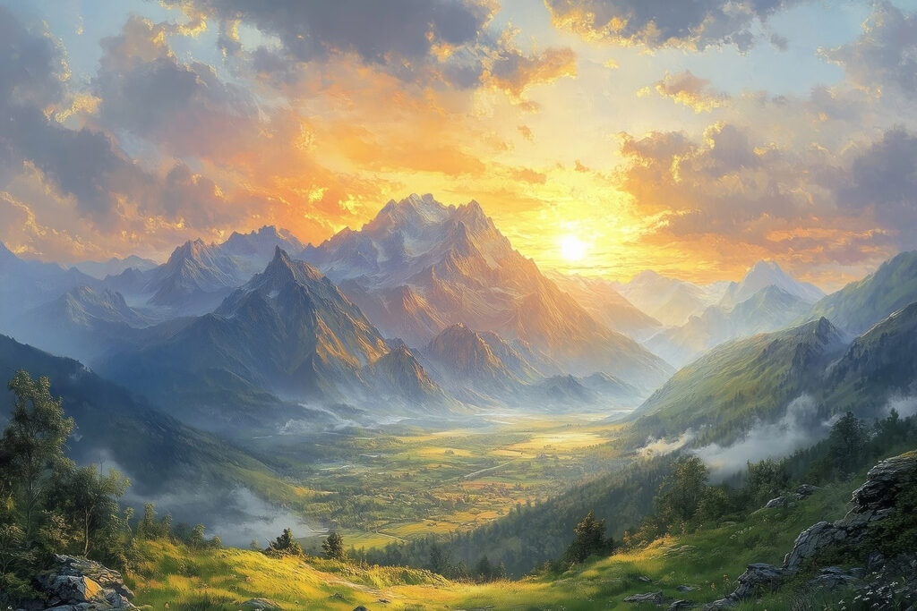 Zlaté slunce nad horami — celý design