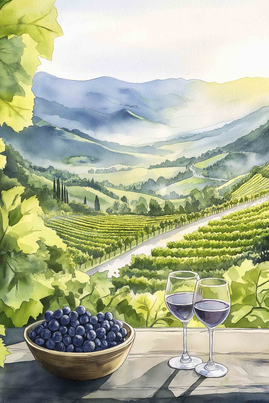 Víno nad zelenými vinicemi — celý design