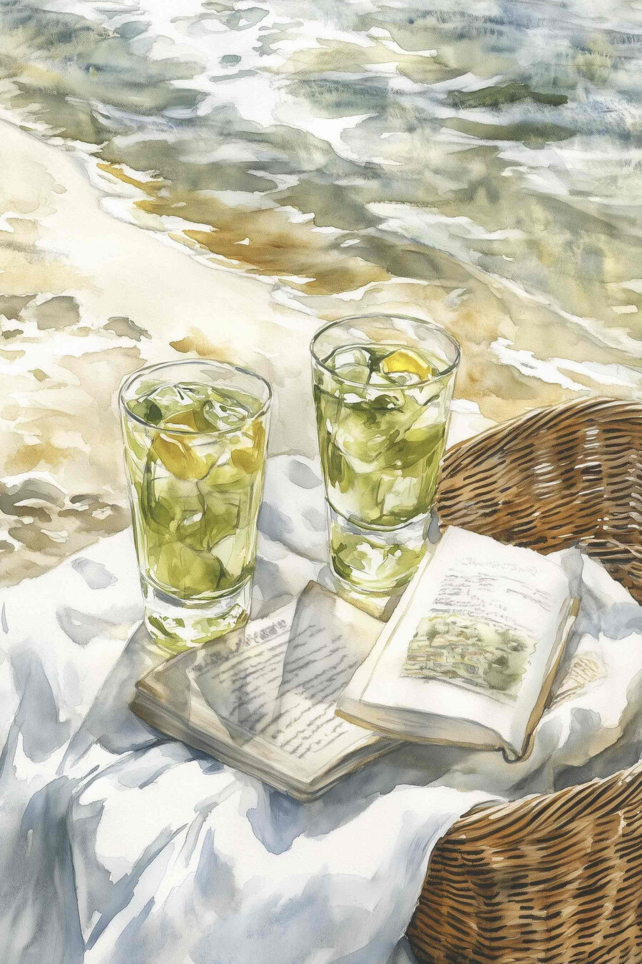 Limetkové drinky vedle knihy — celý design