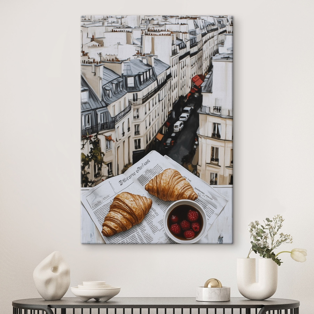 Ranní káva s croissanty v interiéru