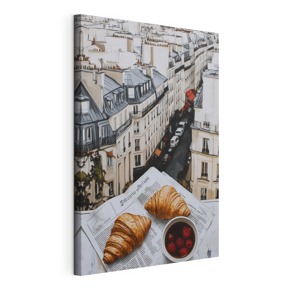 Ranní káva s croissanty, obraz na napnutém plátně s přehnutými okraji