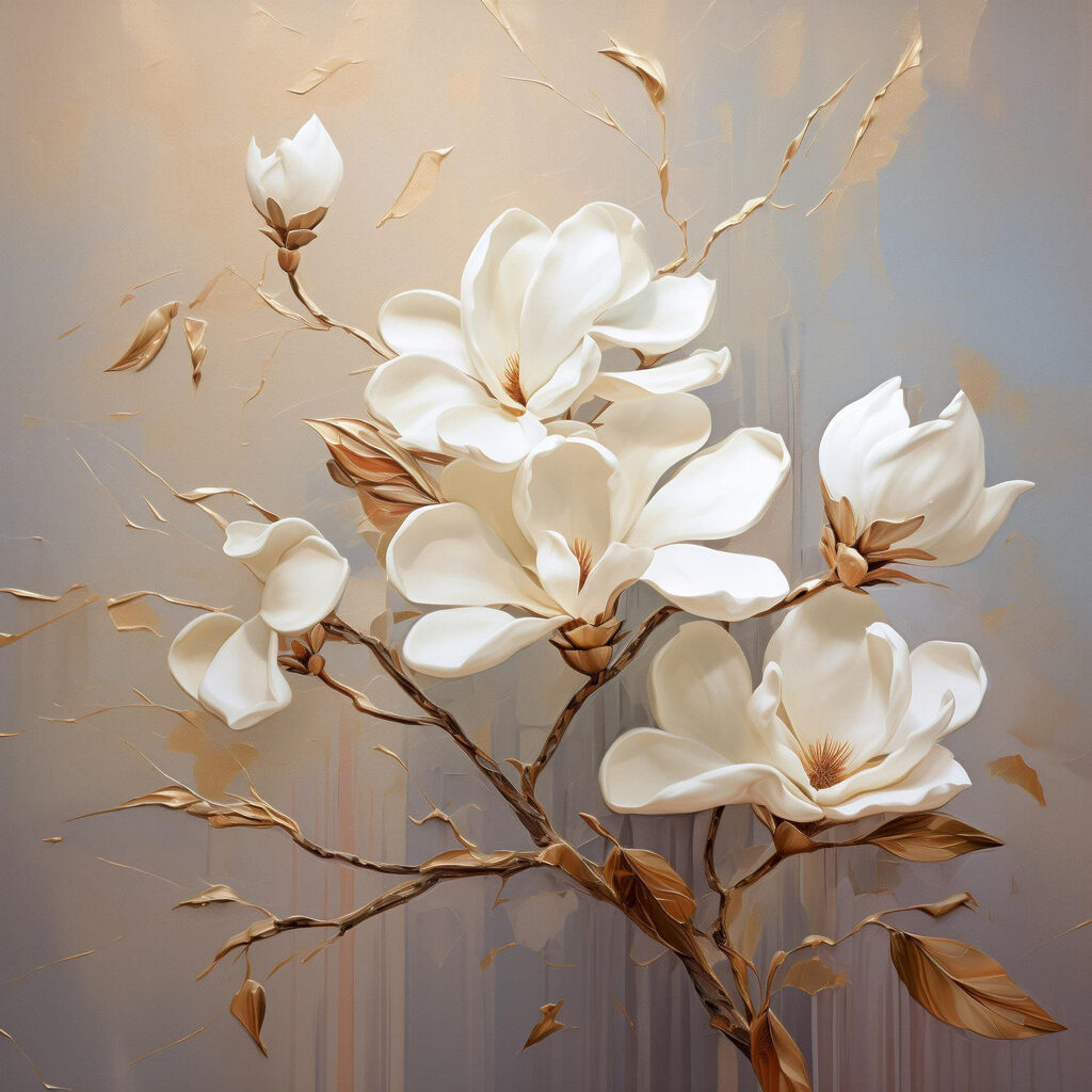 Magnolie na zlatohnědých větvích — celý design