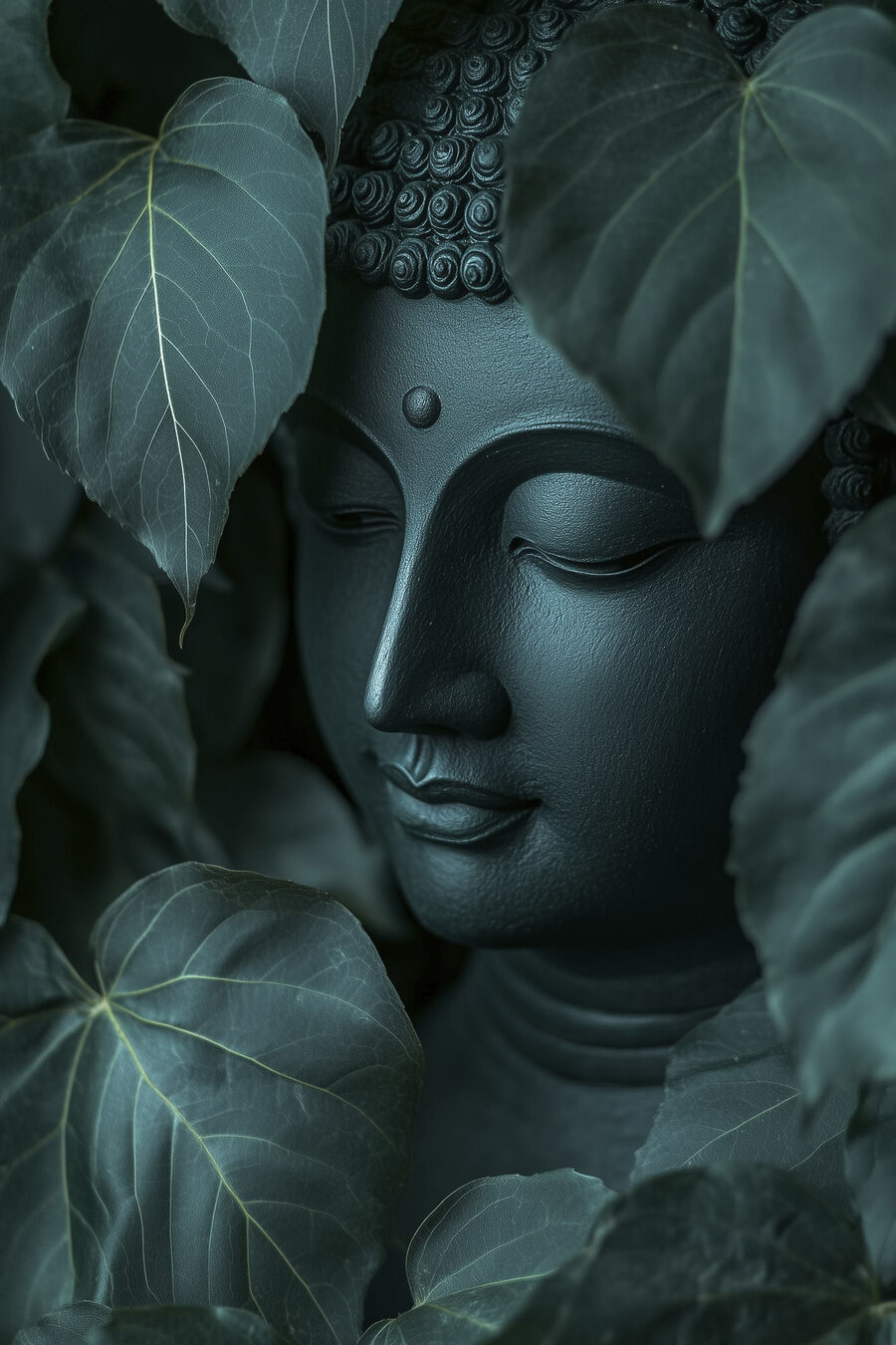 Buddha za velkými listy — celý design