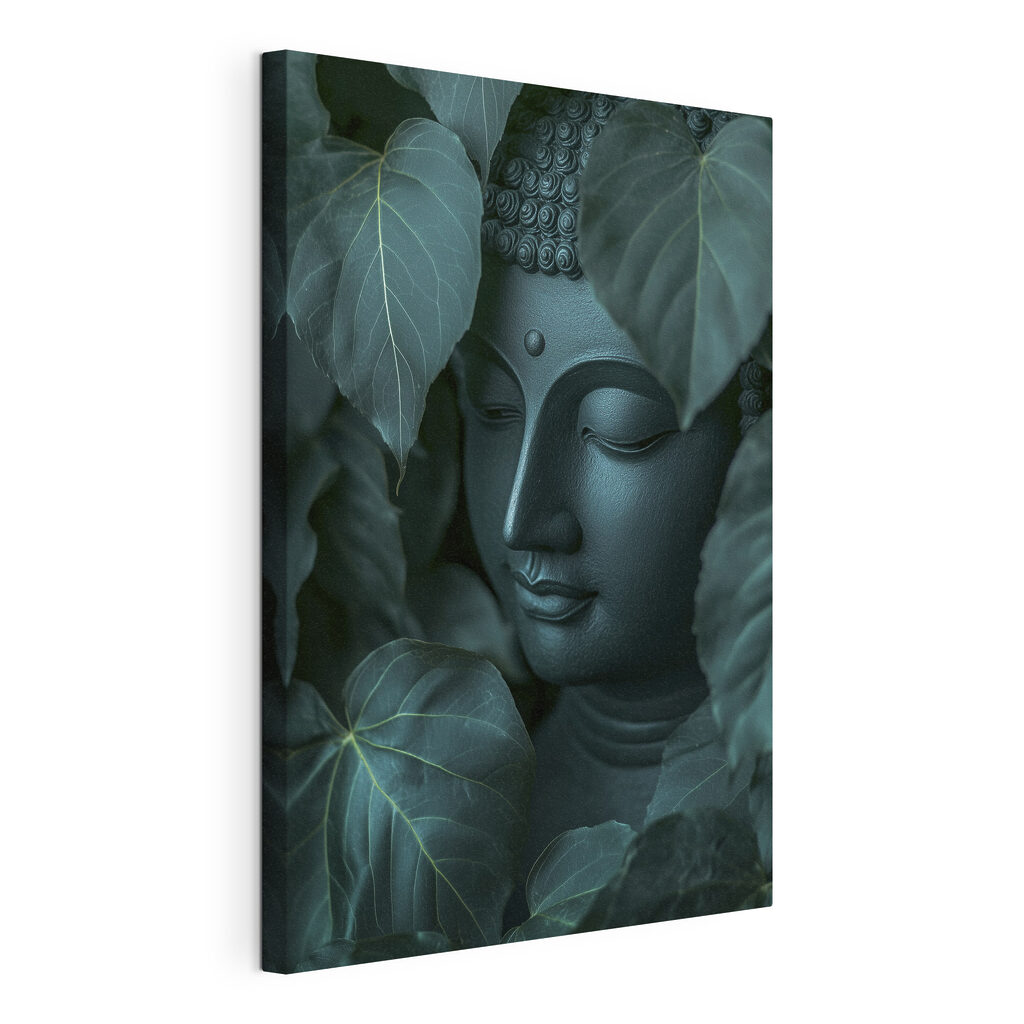 Buddha za velkými listy, obraz na napnutém plátně s přehnutými okraji