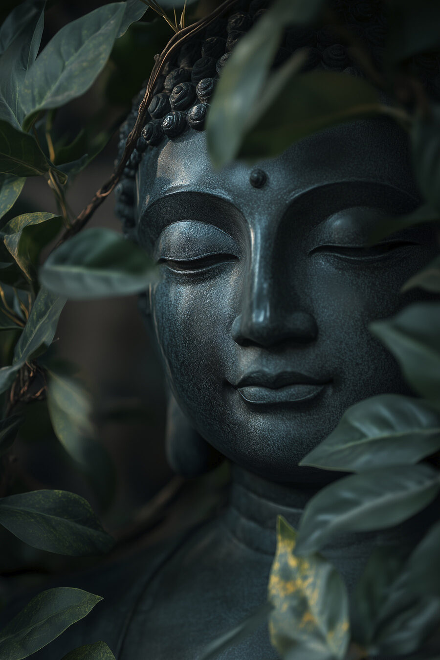 Buddha mezi džunglovými listy — celý design