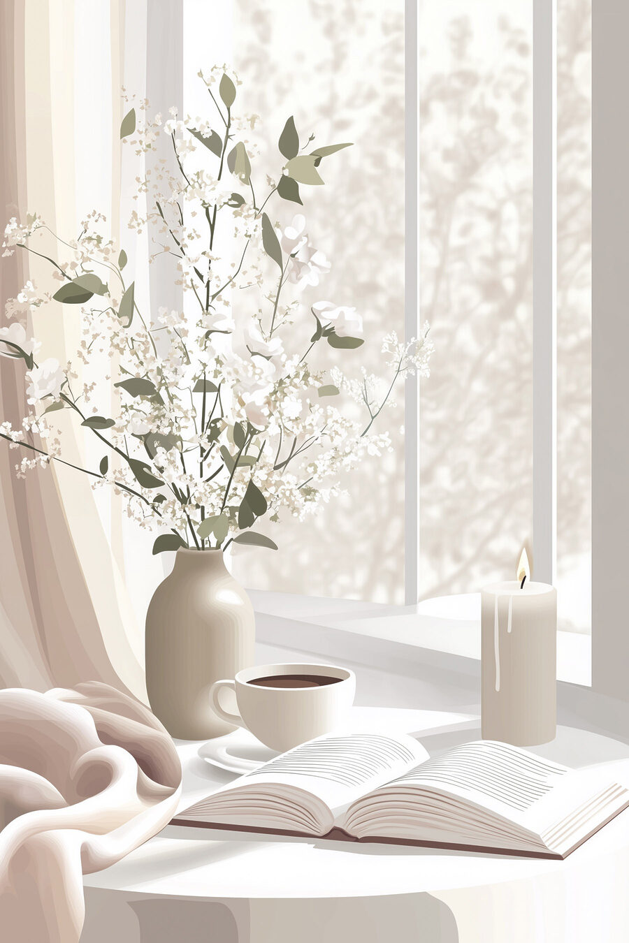 Květy u otevřené knihy — celý design
