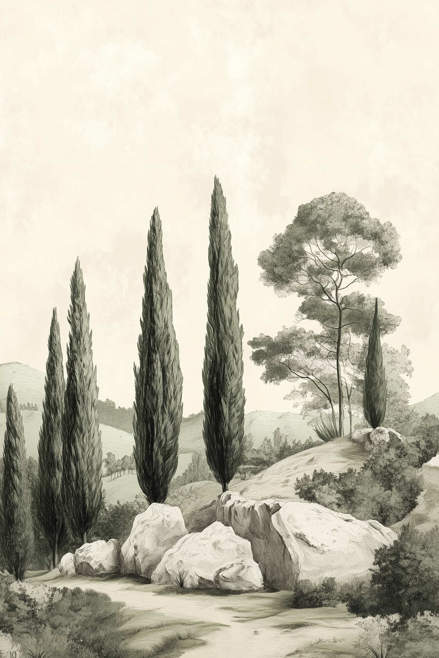 Cypřiše nad bledou skalkou — celý design