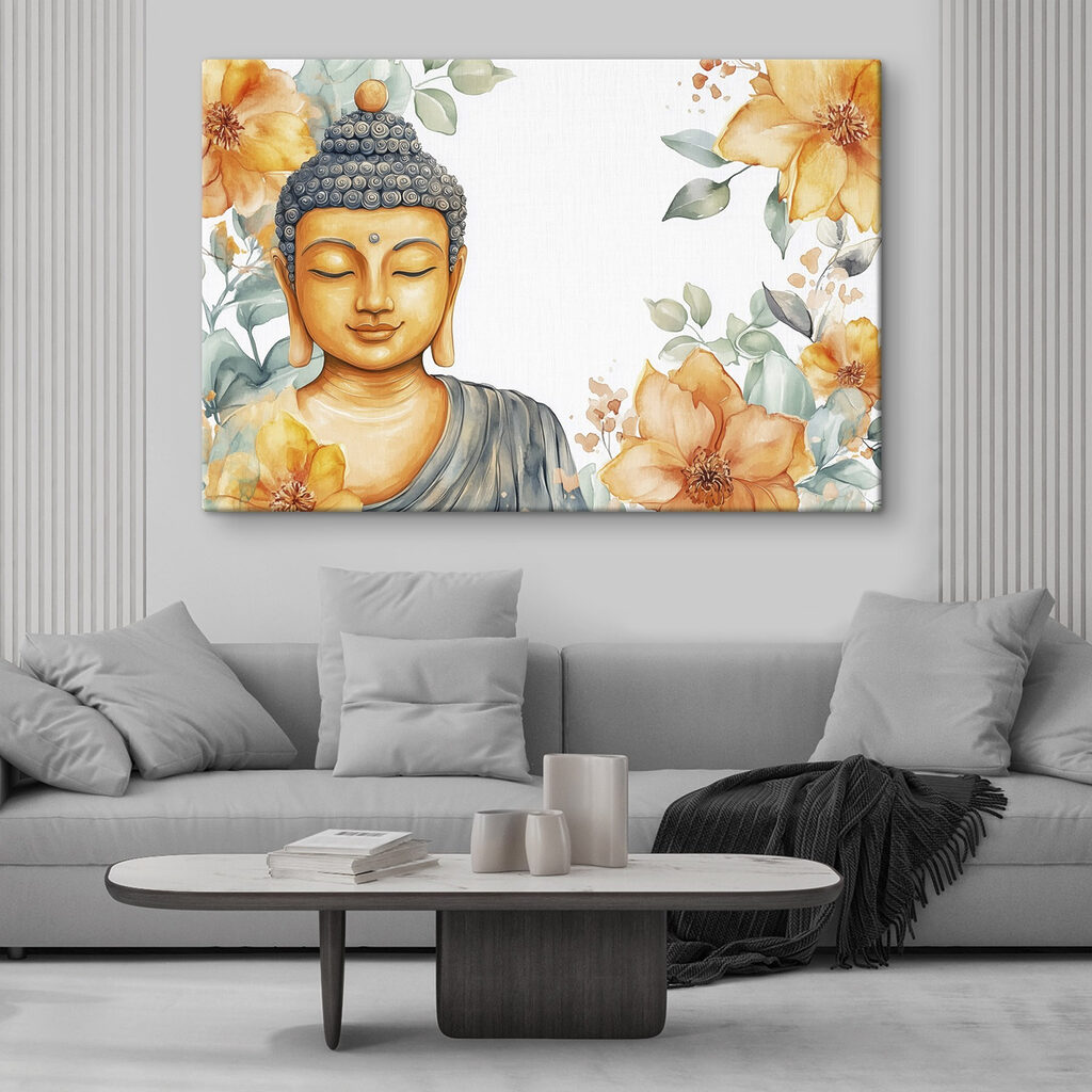 Buddha mezi akvarelovými květy v interiéru