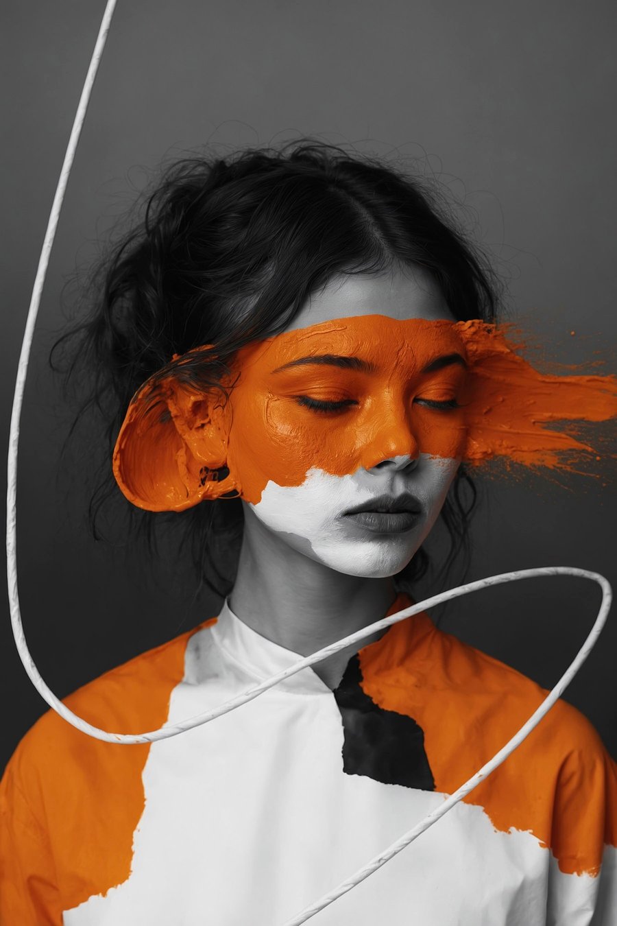 Dívka s oranžovou abstrakcí — celý design