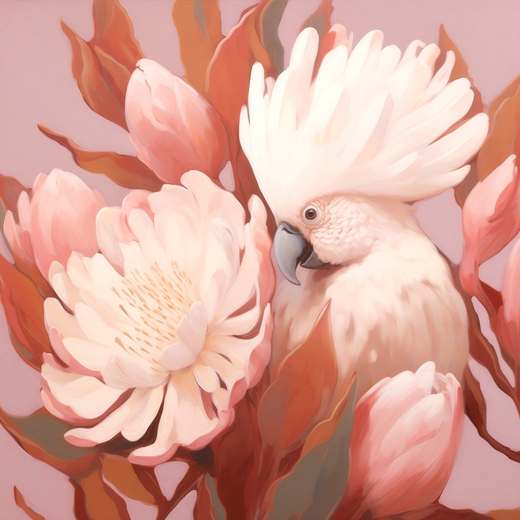 Abstraktní pták mezi květy — celý design
