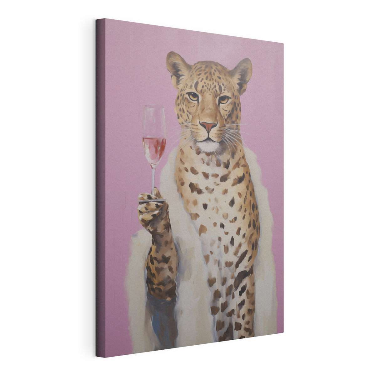 Leopard s pohárem vína, obraz na napnutém plátně s přehnutými okraji