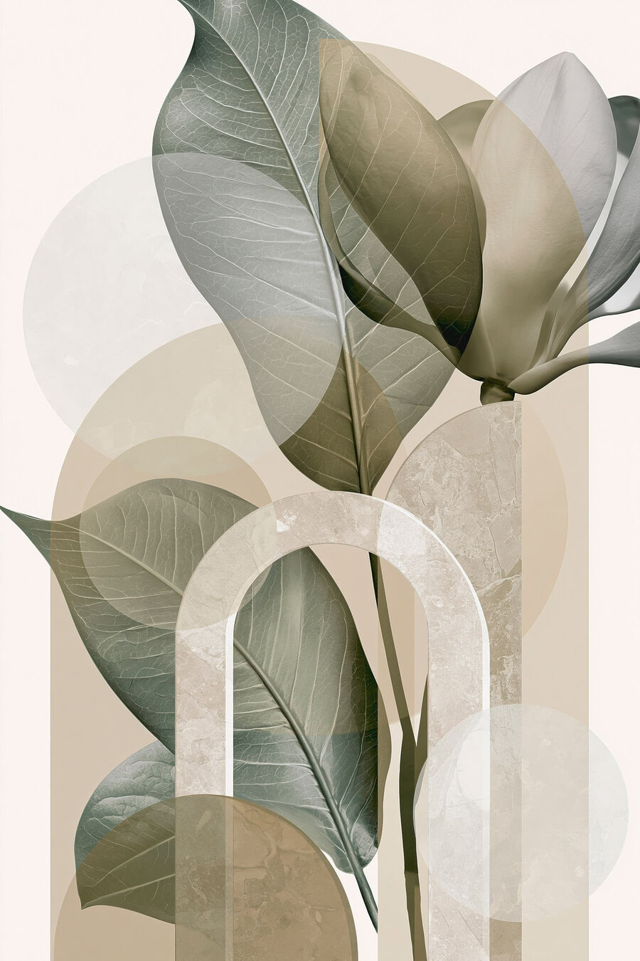 Listy mezi bledými oblouky — celý design