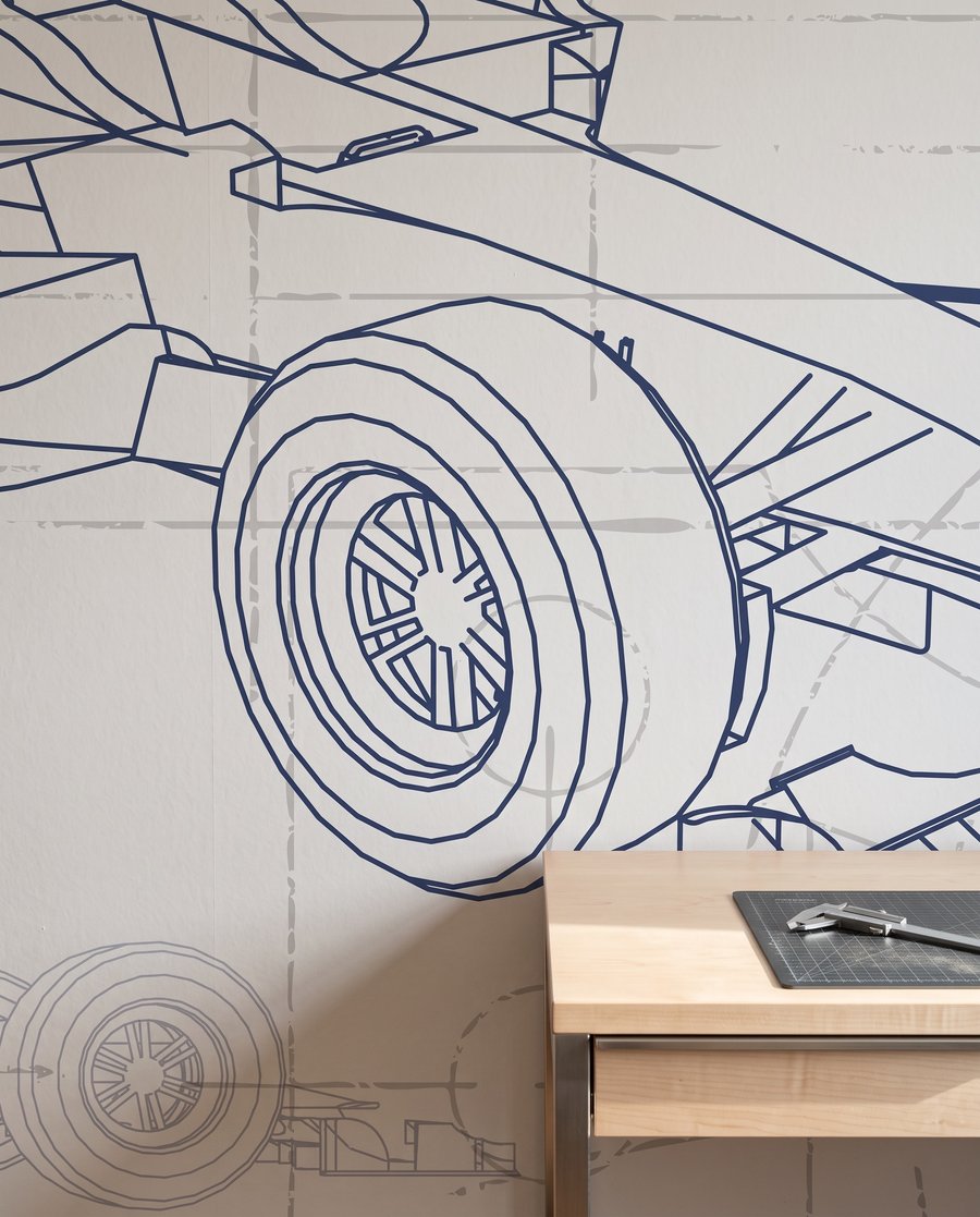 Závodní auto jako náčrt — detail
