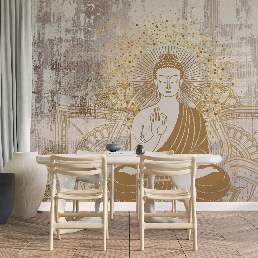 Buddha ve zlatých liniích v interiéru